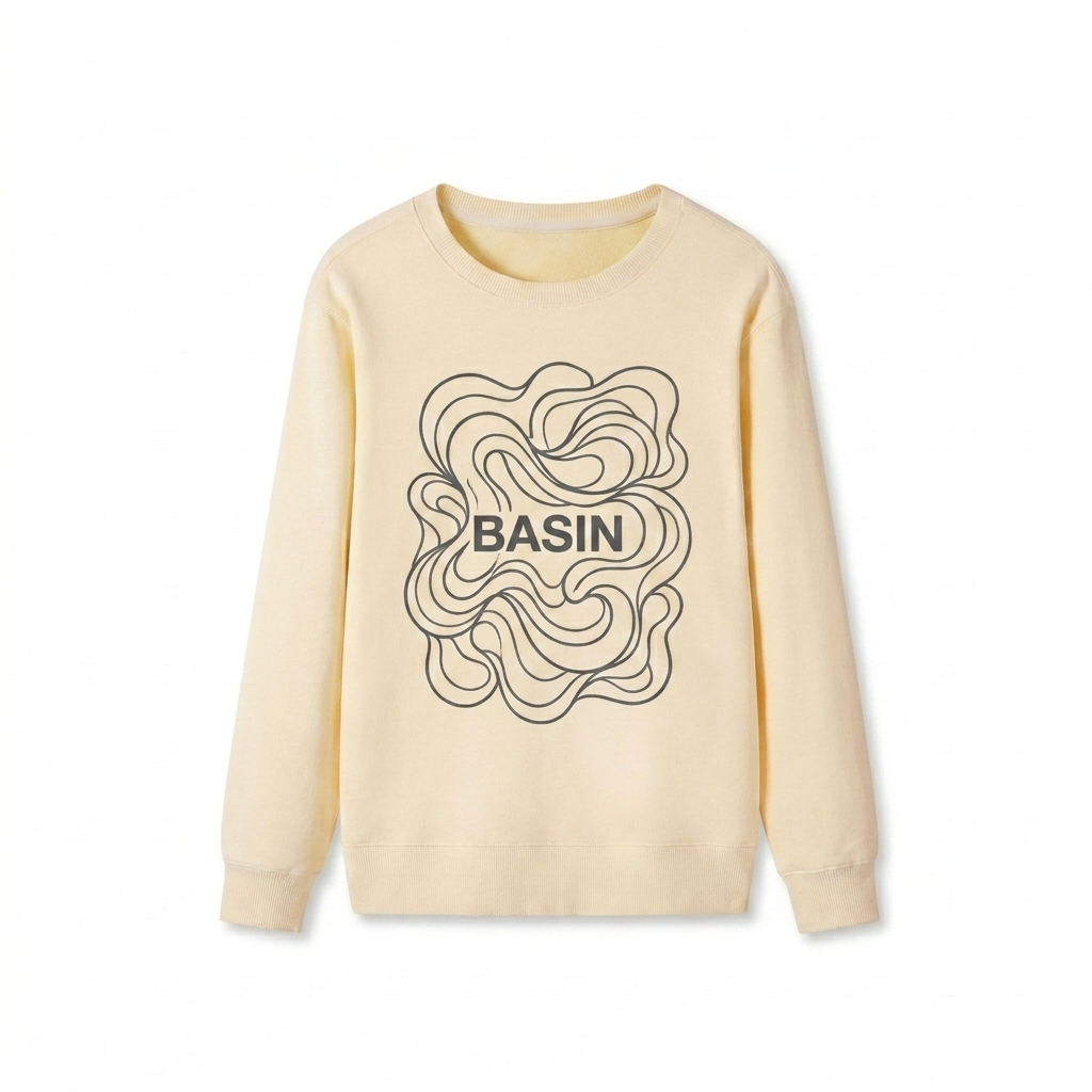 Custom Classic Cotton Crewneck Sweatshirt design direction 2: Abstract Line Art Print featuring the BASIN wordmark