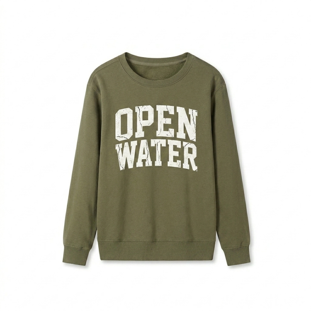Custom Classic Cotton Crewneck Sweatshirt design direction 3: Vintage-Inspired Wordmark featuring the OPEN WATER wordmark
