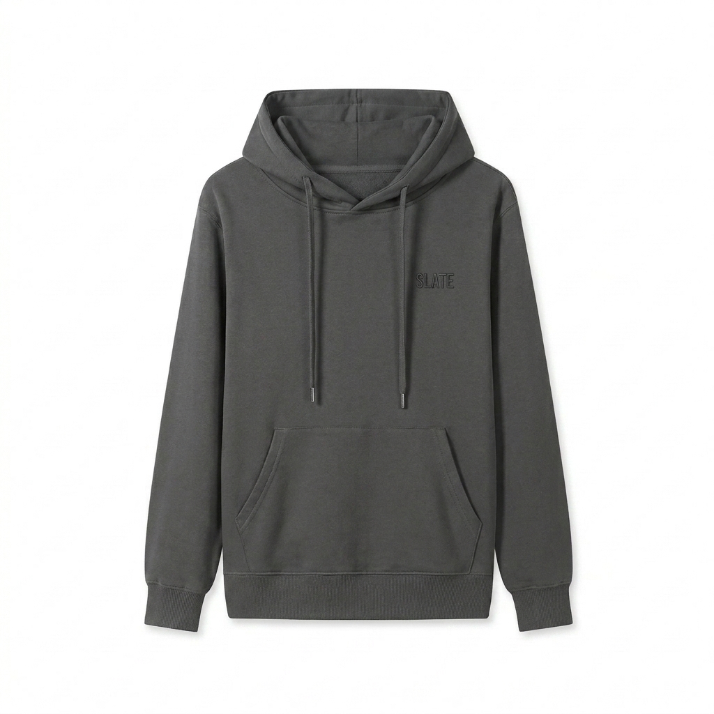 Custom Classic Cotton Pullover Hoodie design direction 1: Subtle Tonal Branding featuring the SLATE wordmark