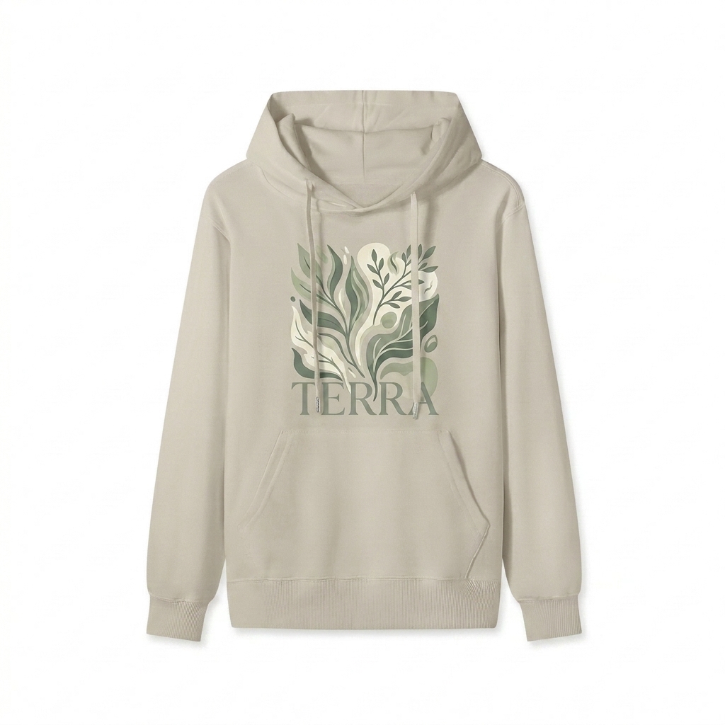 Custom Classic Cotton Pullover Hoodie design direction 2: Nature's Embrace Graphic featuring the TERRA wordmark