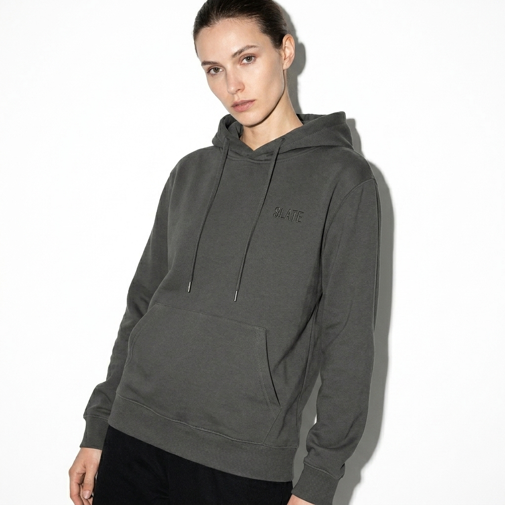Classic Cotton Pullover Hoodie worn by a lean White European female fashion influencer, editorial avant-garde styling, studio lookbook — custom classic cotton pullover hoodie