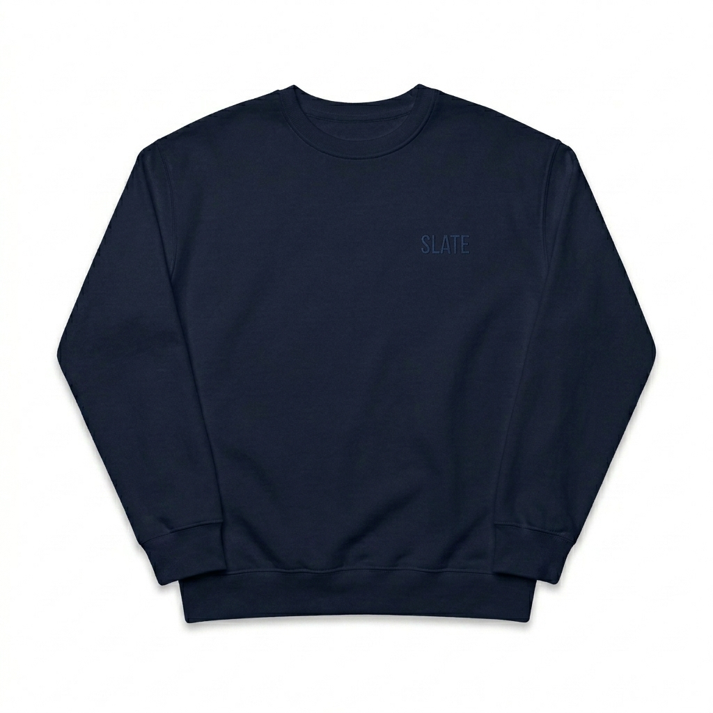Custom Classic Crewneck Sweatshirt design direction 1: Tonal Minimalist Wordmark featuring the SLATE wordmark