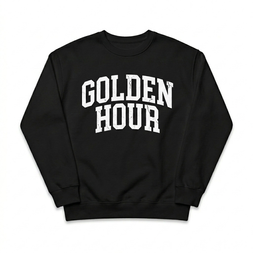 Custom Classic Crewneck Sweatshirt design direction 3: Retro Collegiate Wordmark featuring the GOLDEN HOUR wordmark