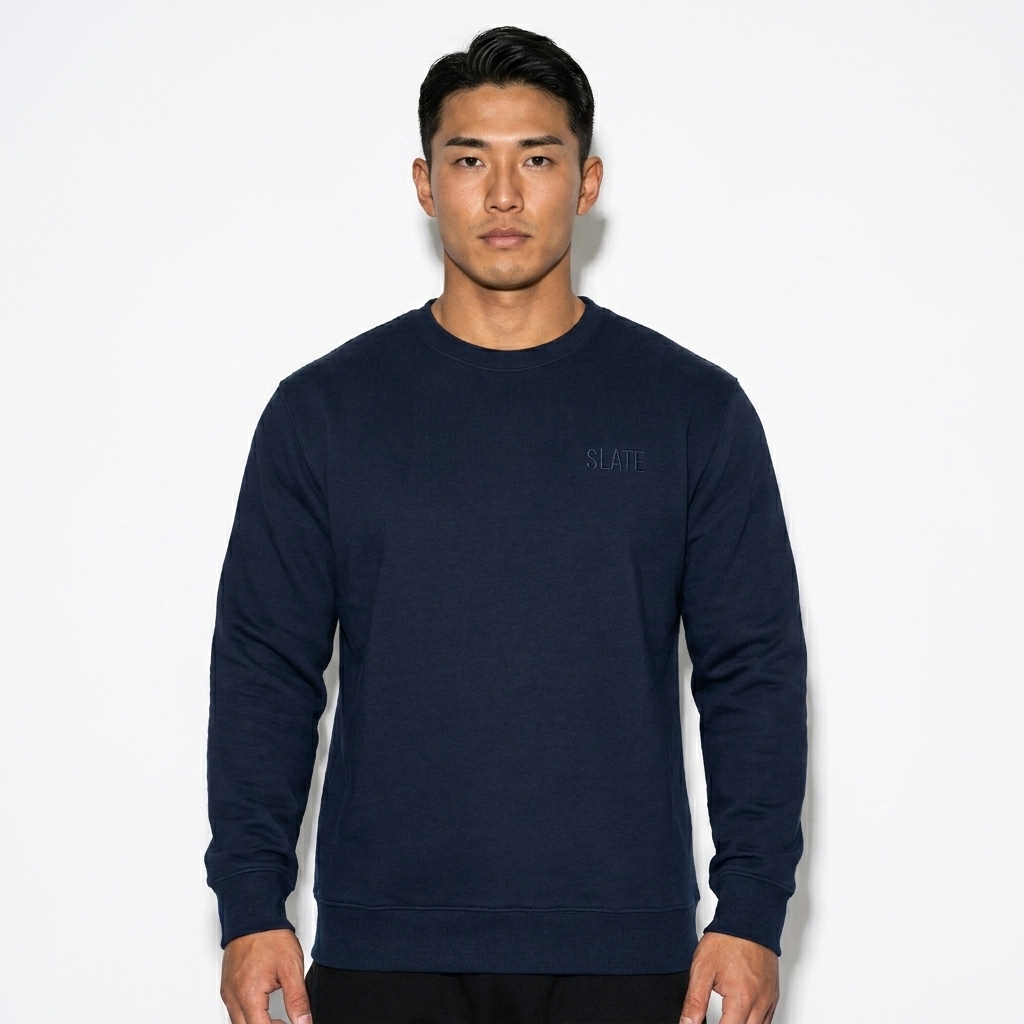 Classic Crewneck Sweatshirt worn by a athletic muscular Japanese male fashion influencer, techwear modern styling, studio lookbook — custom classic crewneck sweatshirt