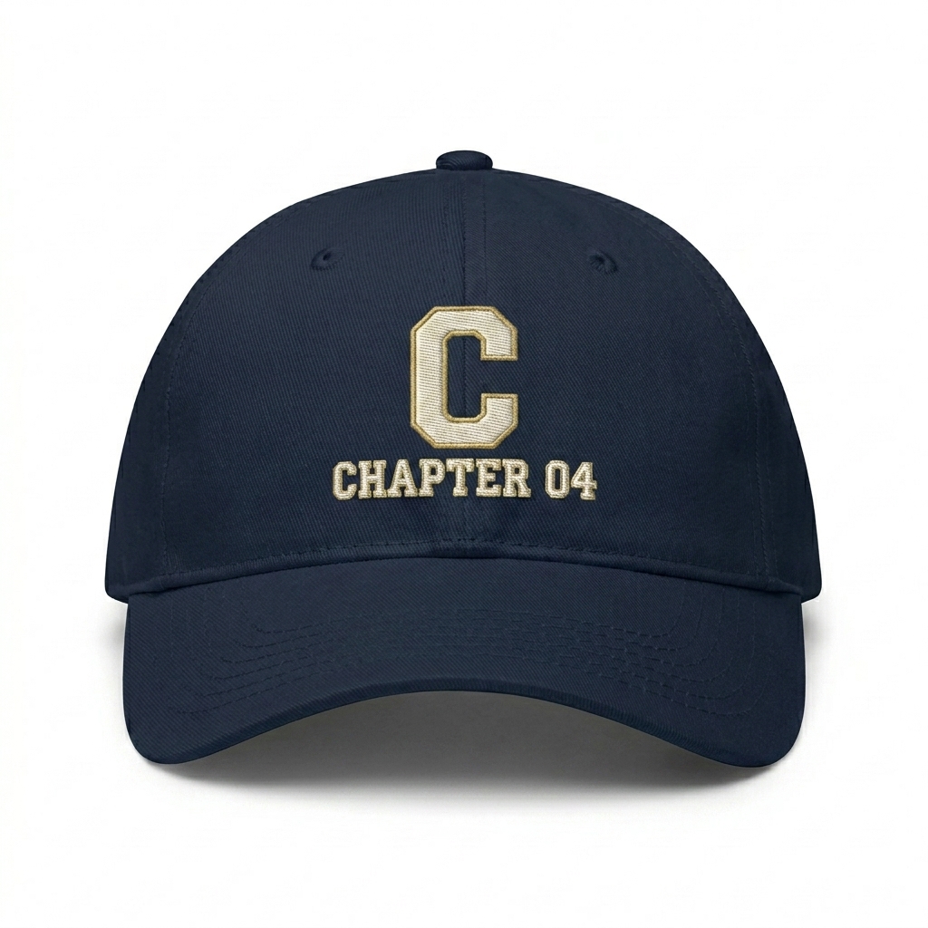 Custom Classic Dad Hat design direction 2: Retro Collegiate Emblem featuring the CHAPTER 04 wordmark