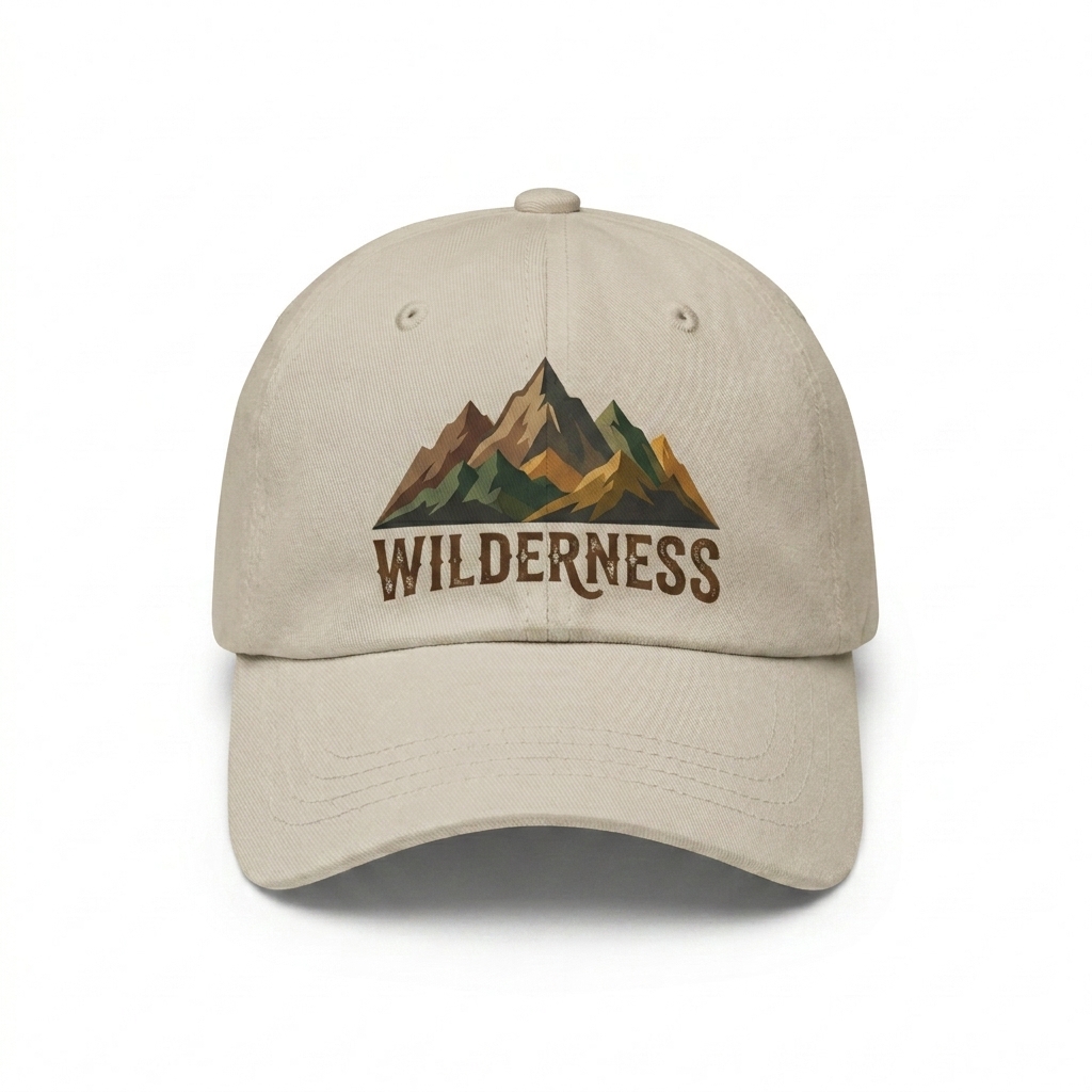 Custom Classic Dad Hat design direction 2: Bold Graphic Illustration featuring the WILDERNESS wordmark