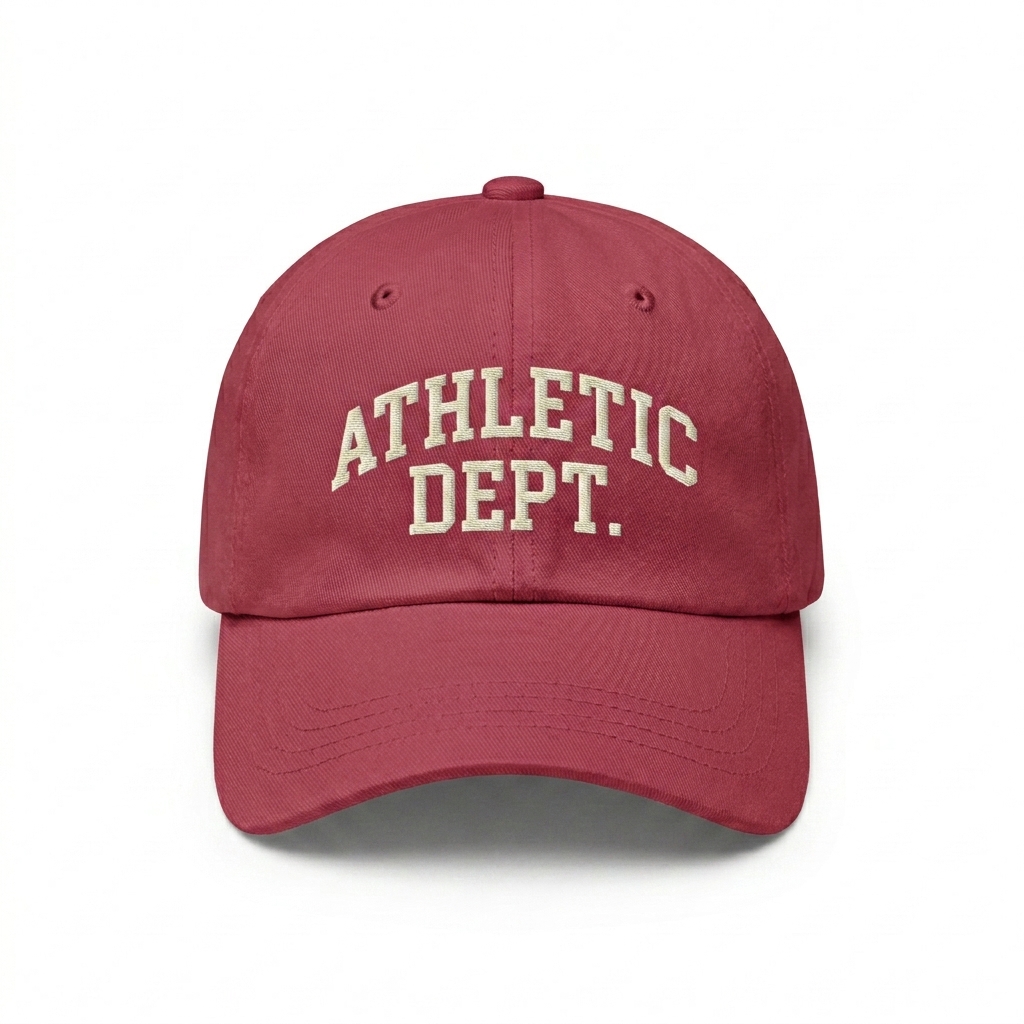 Custom Classic Dad Hat design direction 3: Retro Collegiate Emblem featuring the ATHLETIC DEPT. wordmark