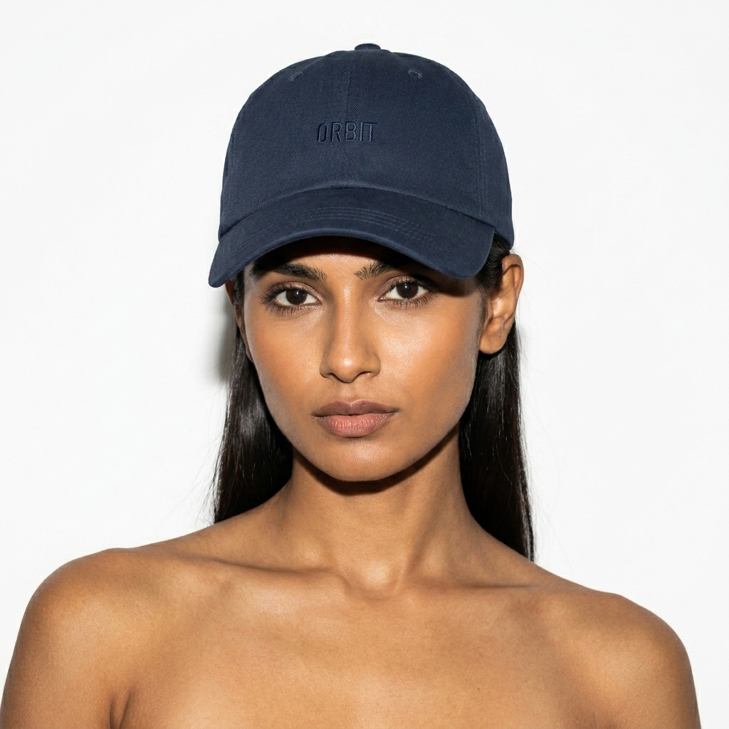 Classic Dad Hat worn by a toned Indian female fashion influencer, clean-girl minimal styling, studio lookbook — custom classic dad hat