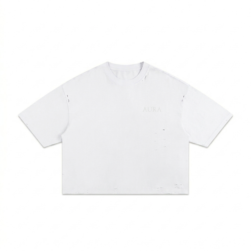 Custom Classic Frayed Boxy T-Shirt design direction 1: Tonal Minimalist Wordmark featuring the AURA wordmark