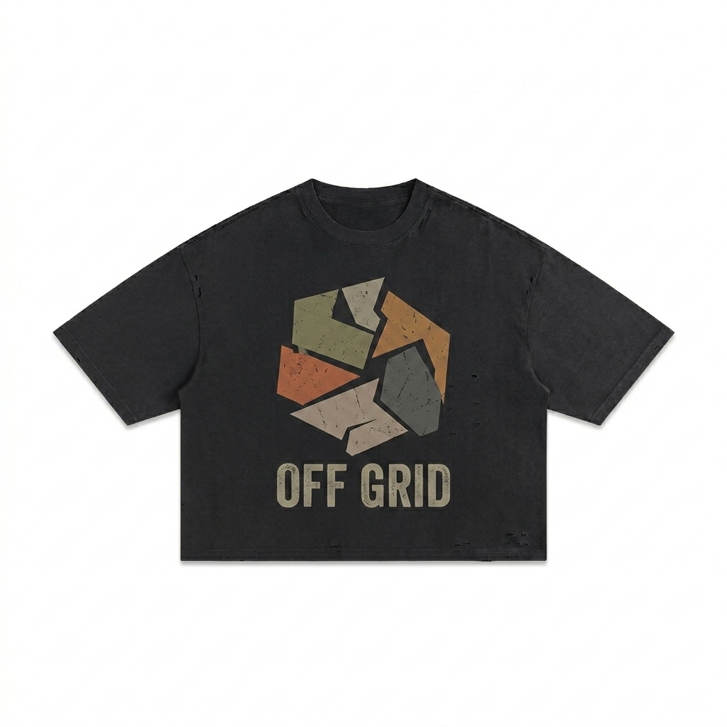 Custom Classic Frayed Boxy T-Shirt design direction 2: Bold Abstract Graphic featuring the OFF GRID wordmark