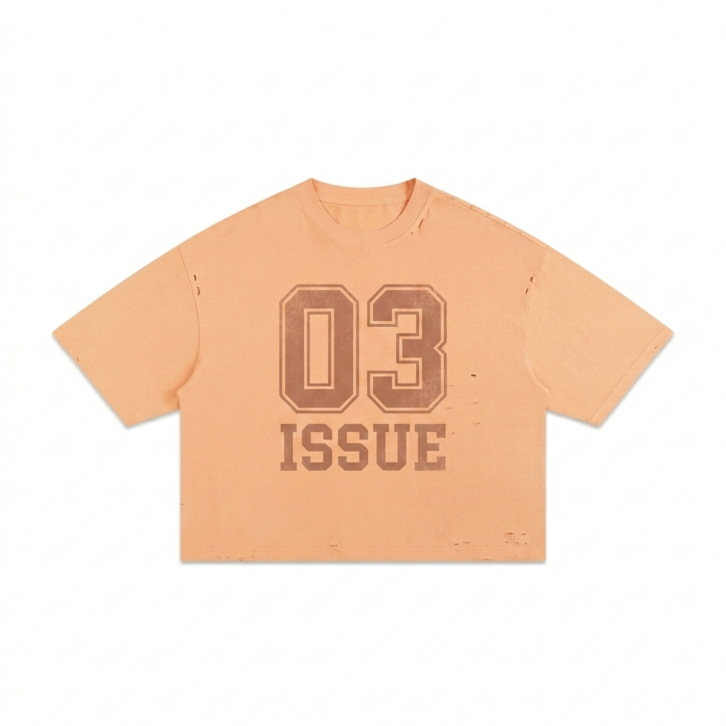 Custom Classic Frayed Boxy T-Shirt design direction 3: Retro Collegiate Emblem featuring the ISSUE 03 wordmark