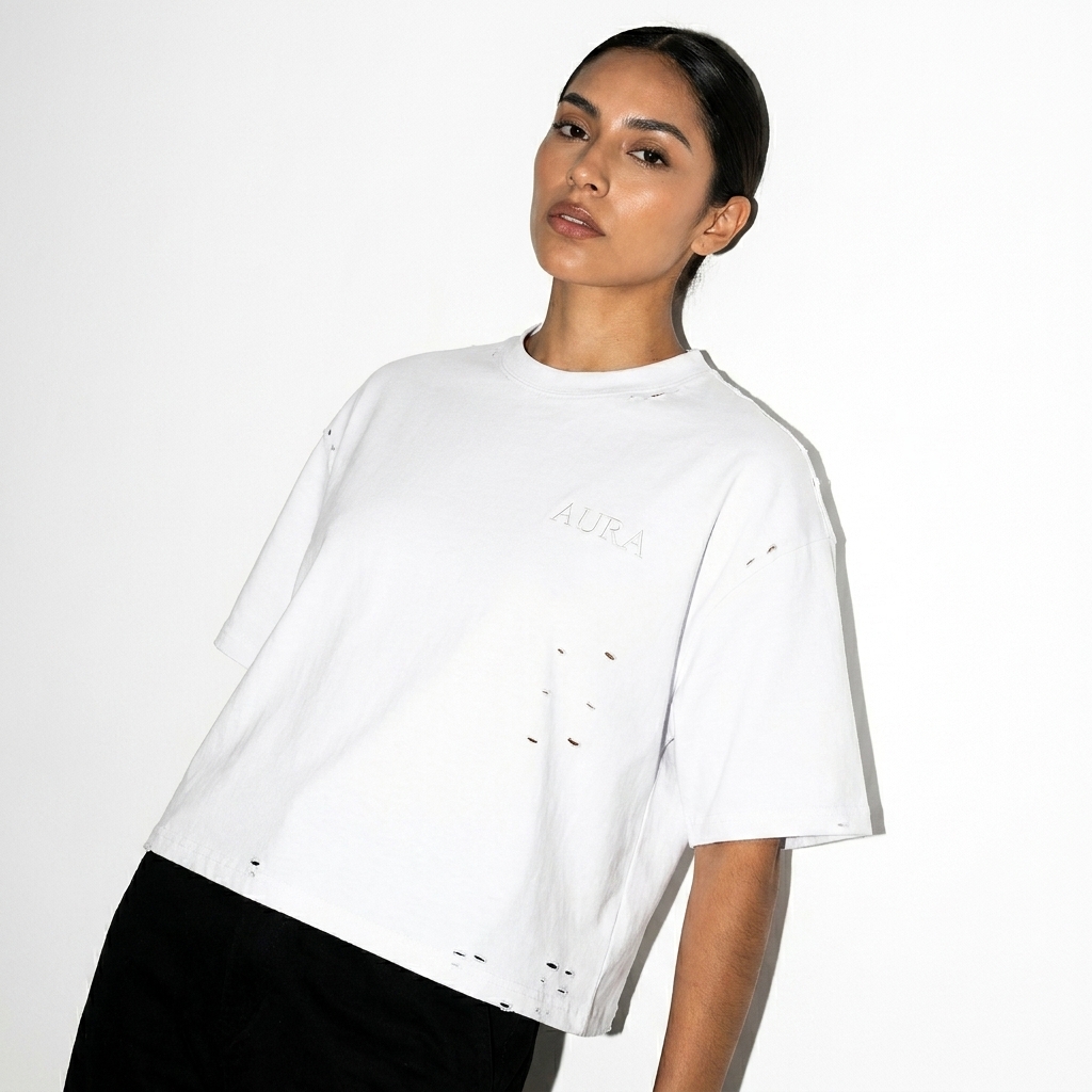 Classic Frayed Boxy T-Shirt worn by a lean Mexican female fashion influencer, workwear utility styling, studio lookbook — custom classic frayed boxy t-shirt
