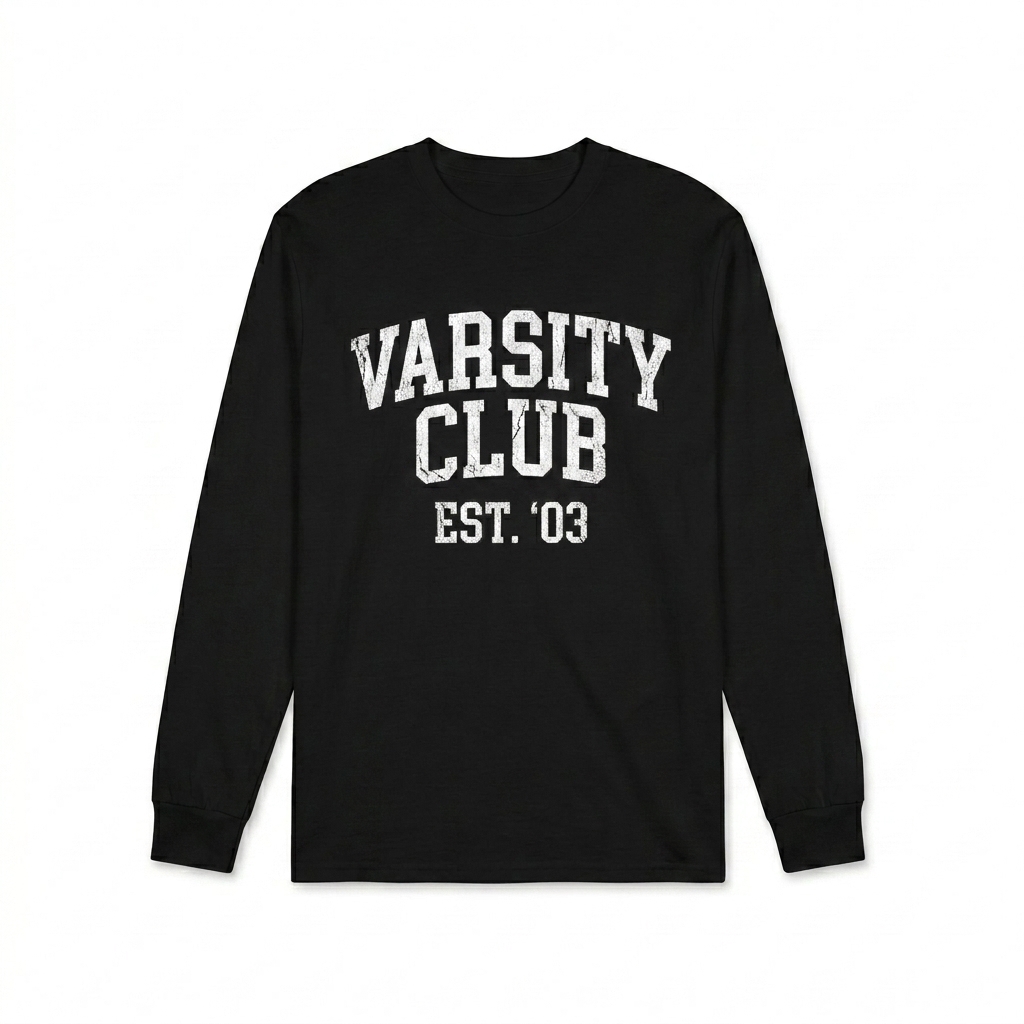 Custom Classic Long Sleeve T-Shirt design direction 3: Retro Collegiate Emblem featuring the VARSITY CLUB wordmark