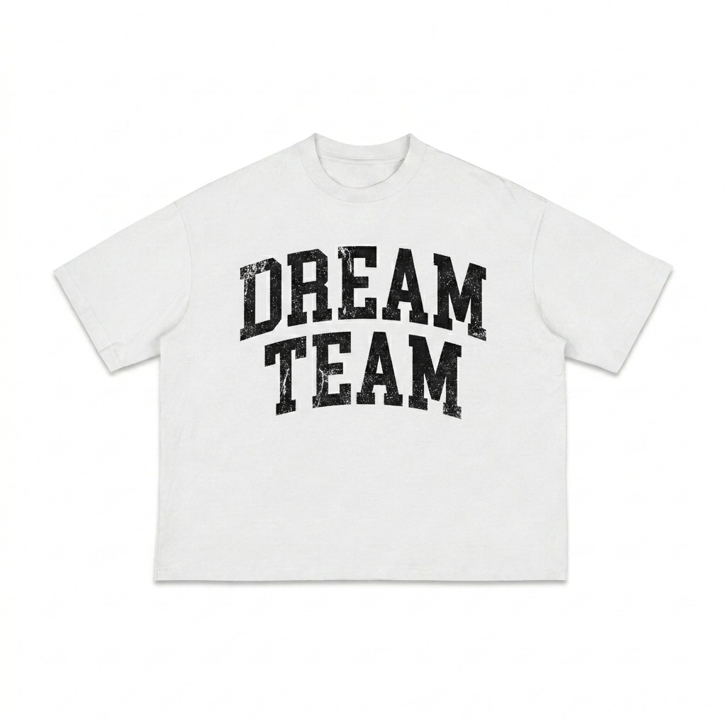 Custom Classic Loose Boxy Tee design direction 3: Retro Collegiate Wordmark featuring the DREAM TEAM wordmark