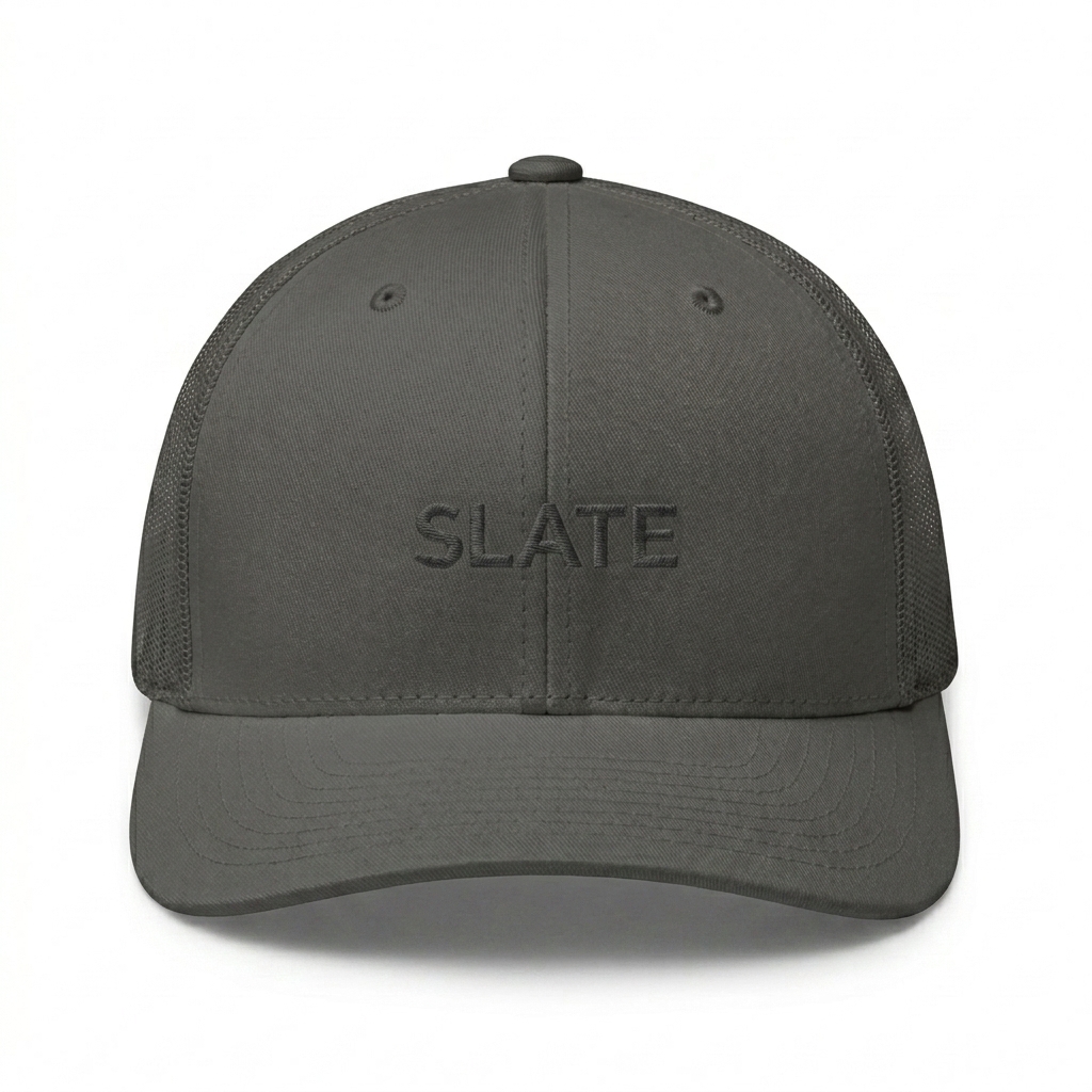 Custom Classic Mesh Back Trucker Cap design direction 1: Tonal Minimalist Wordmark featuring the SLATE wordmark