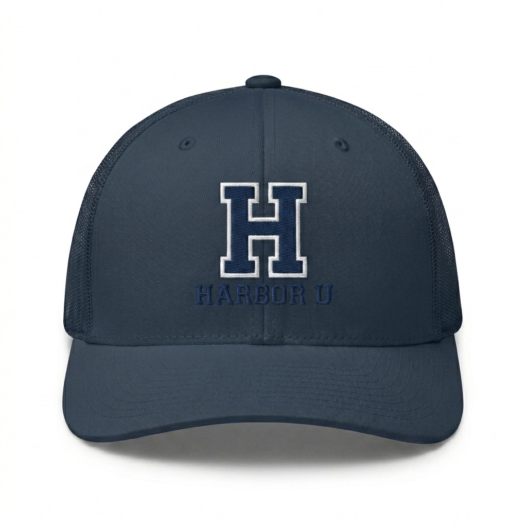 Custom Classic Mesh Back Trucker Cap design direction 2: Retro Collegiate Emblem featuring the HARBOR U wordmark