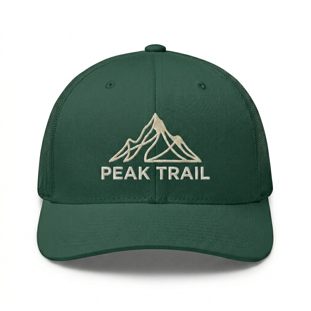Custom Classic Mesh Back Trucker Cap design direction 3: Abstract Line Art Graphic featuring the PEAK TRAIL wordmark