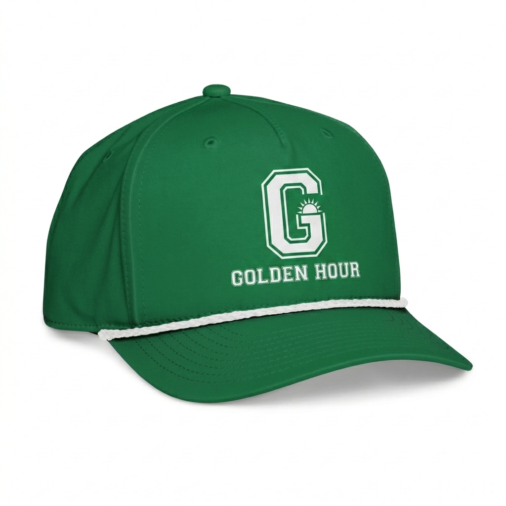 Custom Classic Rope Cap design direction 2: Retro Collegiate Emblem featuring the GOLDEN HOUR wordmark