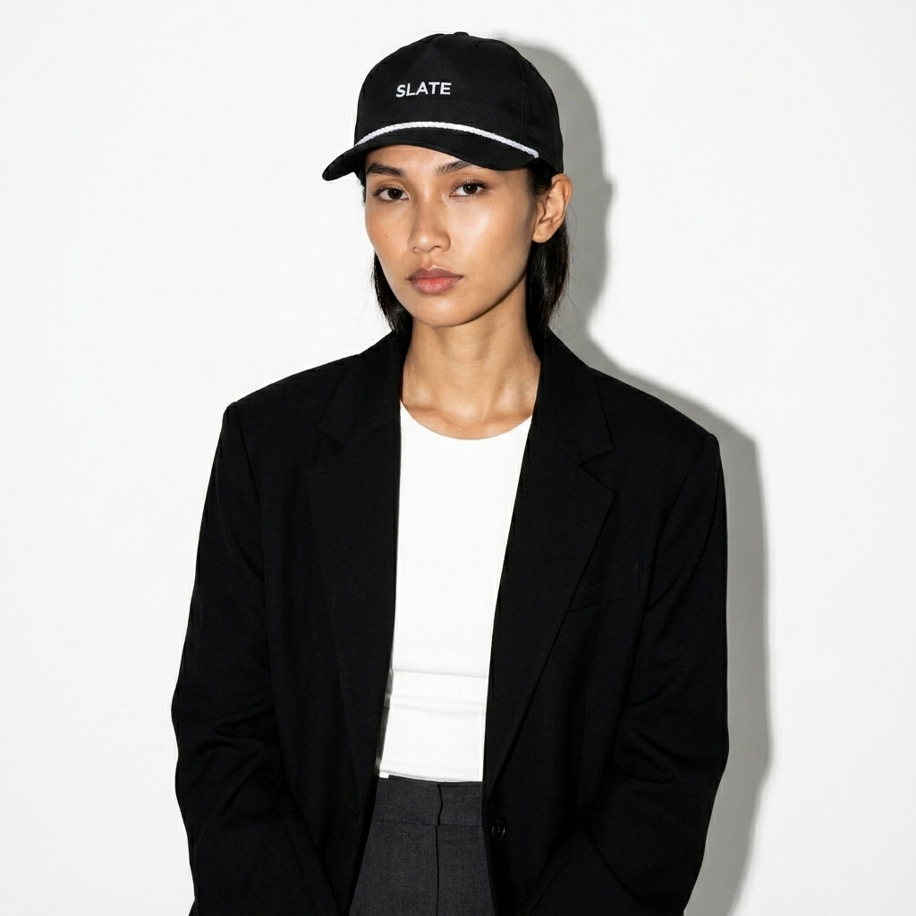 Classic Rope Cap worn by a slim tall Southeast Asian female fashion influencer, editorial avant-garde styling, studio lookbook — custom classic rope cap