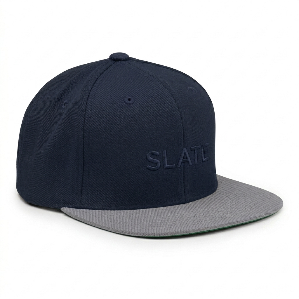 Custom Classic Snapback Cap design direction 1: Subtle Tonal Branding featuring the SLATE wordmark