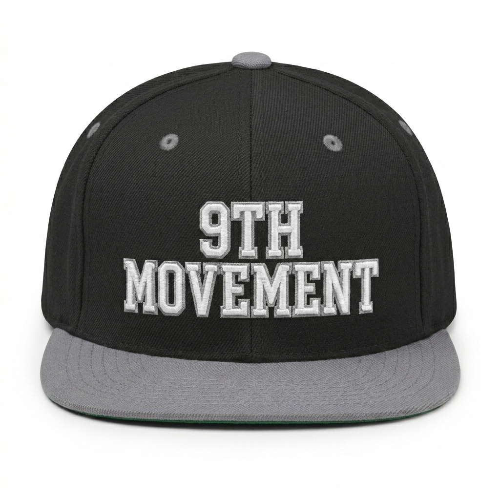Custom Classic Snapback Cap design direction 2: Vintage Collegiate Emblem featuring the 9TH MOVEMENT wordmark