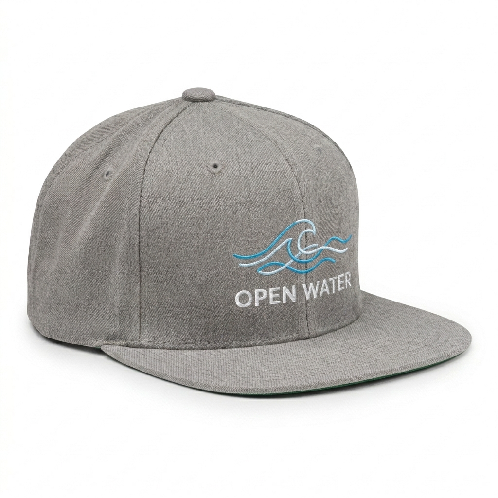 Custom Classic Snapback Cap design direction 3: Abstract Line Art featuring the OPEN WATER wordmark