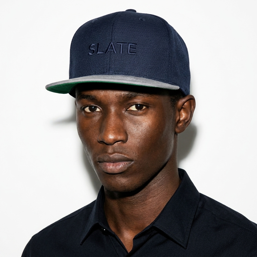 Classic Snapback Cap worn by a slim tall East African male fashion influencer, y2k revival styling, studio lookbook — custom classic snapback cap