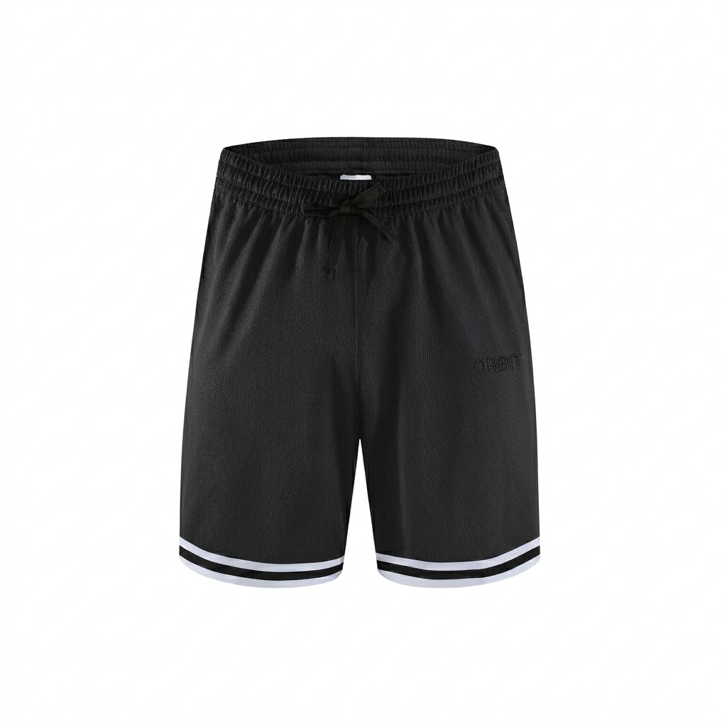 Custom Classic Stripe Trim Basketball Shorts design direction 1: Minimalist Athletic Wordmark featuring the ORBIT wordmark