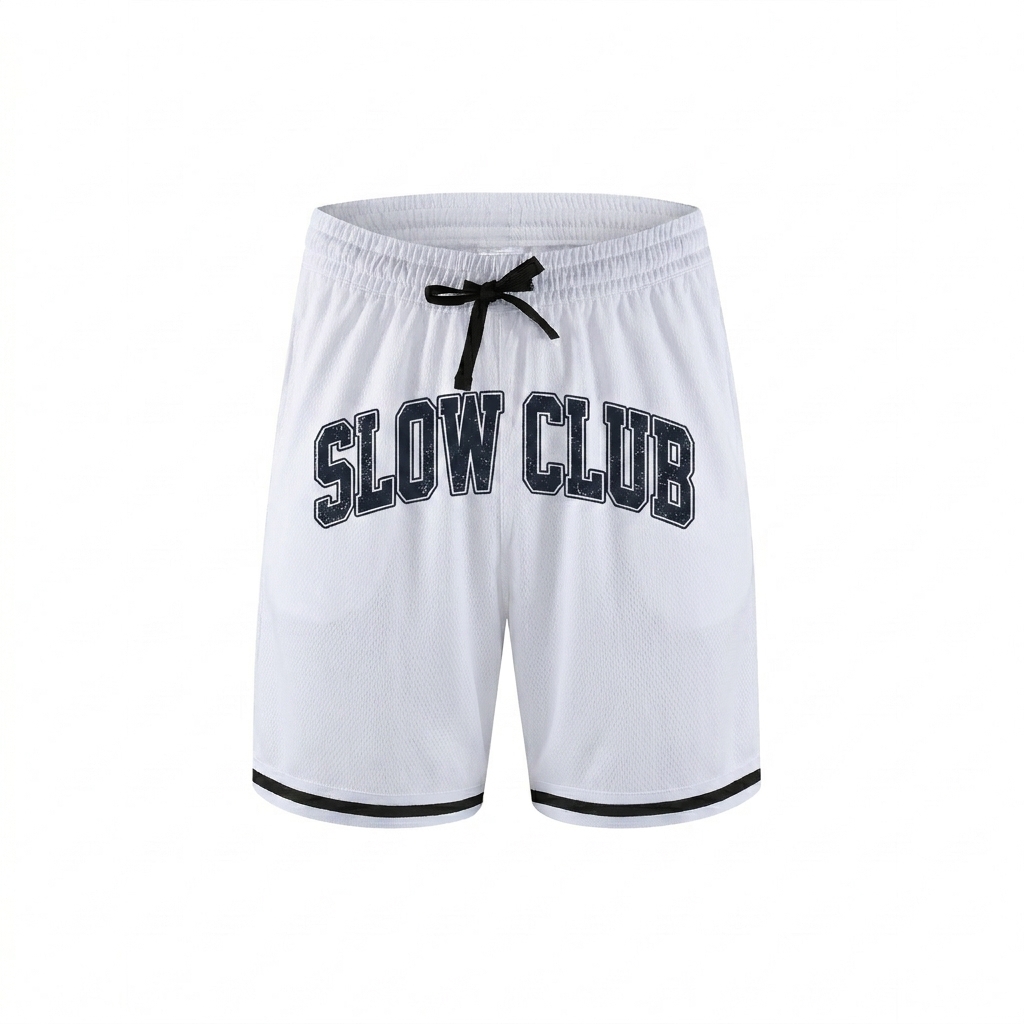 Custom Classic Stripe Trim Basketball Shorts design direction 2: Retro Collegiate Graphic featuring the SLOW CLUB wordmark