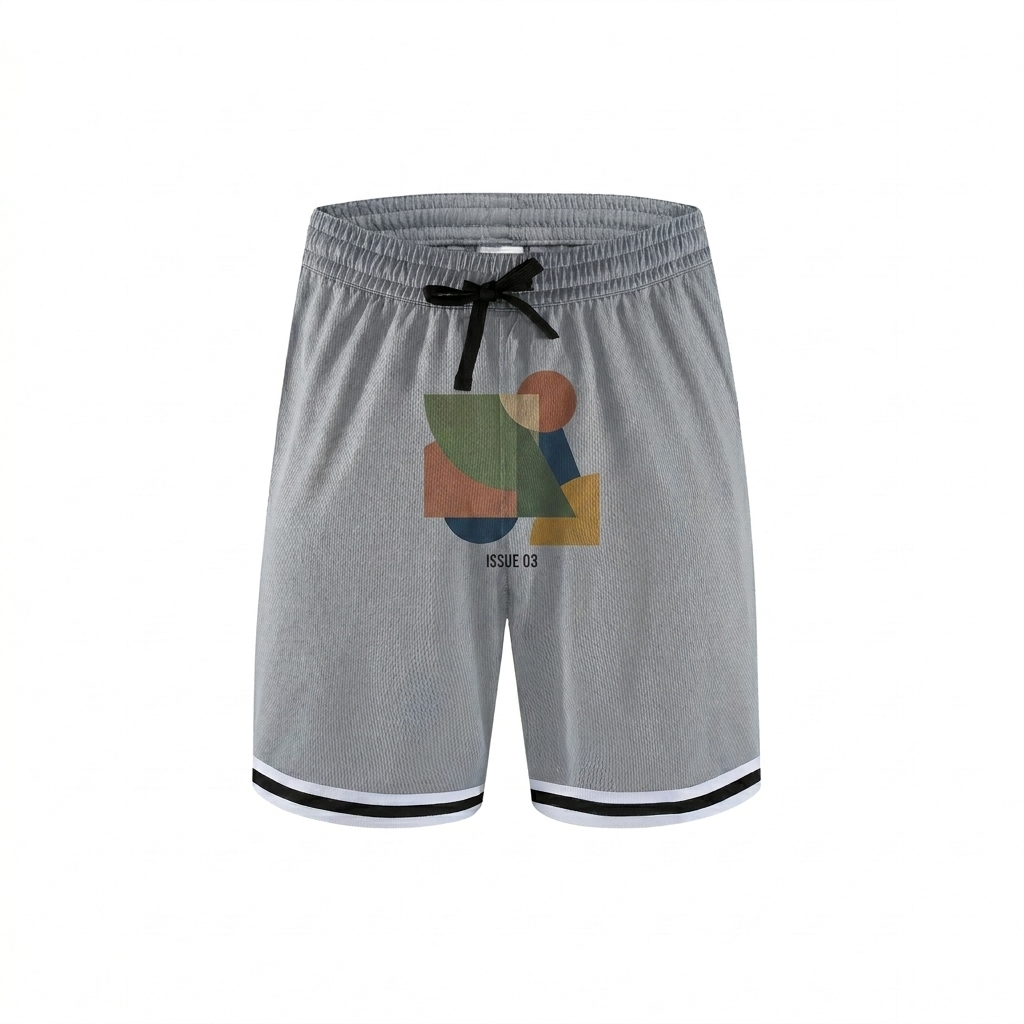Custom Classic Stripe Trim Basketball Shorts design direction 3: Abstract Geometric Print featuring the ISSUE 03 wordmark