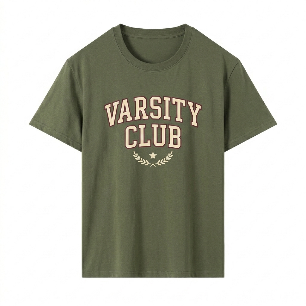 Custom Classic Unisex T-Shirt design direction 3: Retro Collegiate Emblem featuring the VARSITY CLUB wordmark