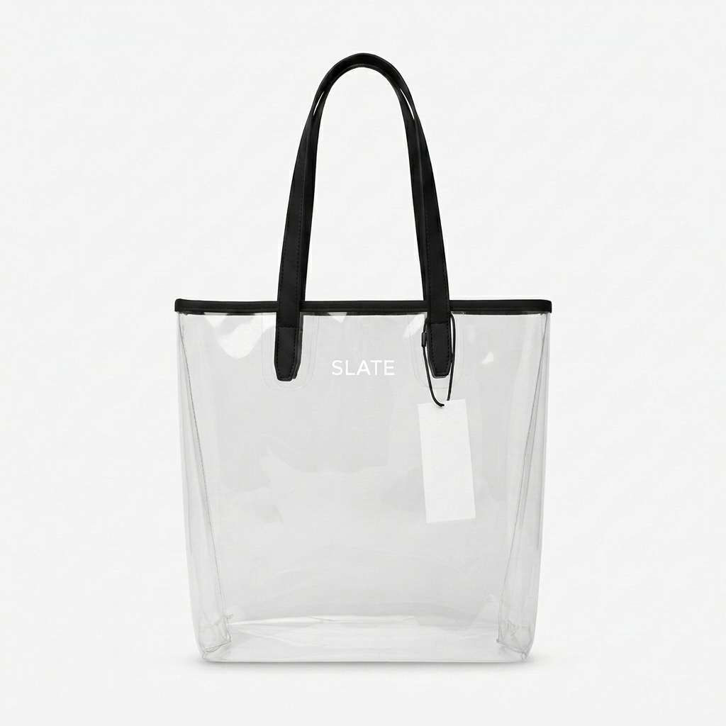 Custom Clear Utility Tote Bag design direction 1: Minimalist Wordmark featuring the SLATE wordmark