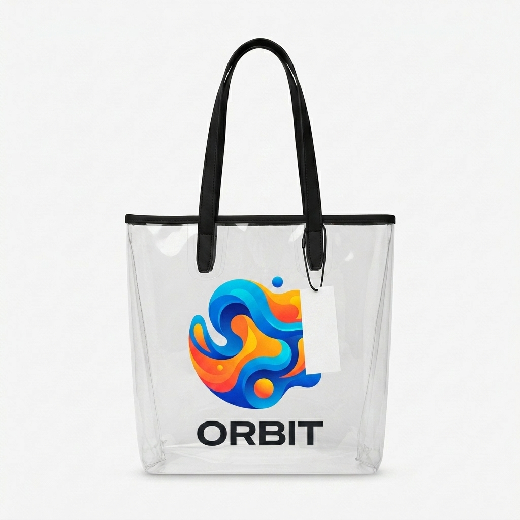 Custom Clear Utility Tote Bag design direction 2: Bold Abstract Graphic featuring the ORBIT wordmark