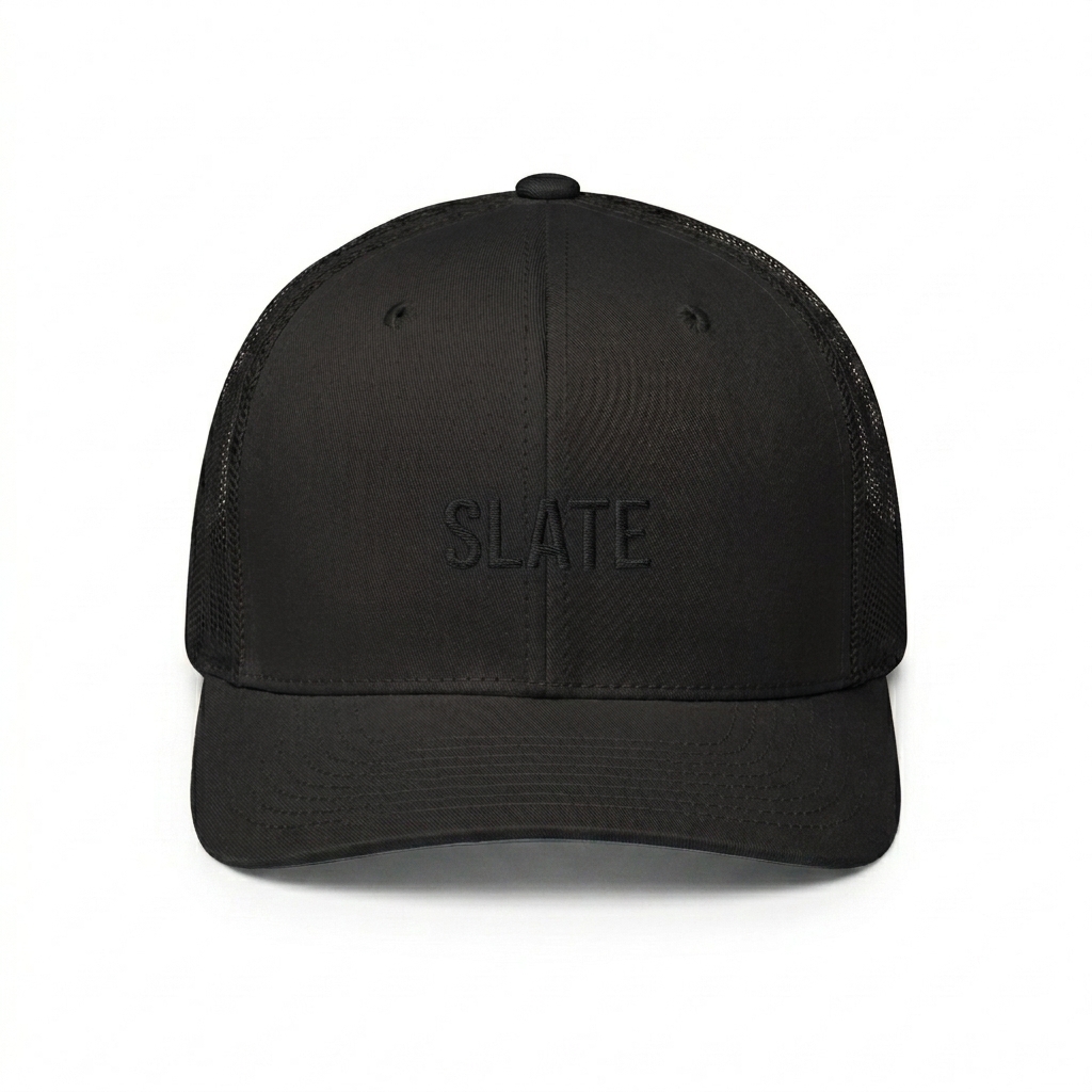Custom Closed-Back Trucker Cap design direction 1: Minimalist Tonal Wordmark featuring the SLATE wordmark