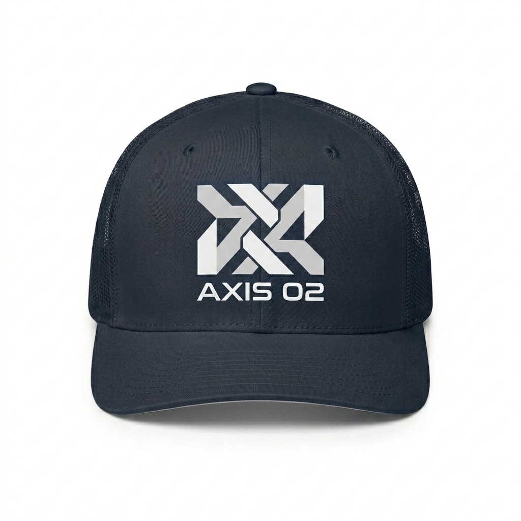 Custom Closed-Back Trucker Cap design direction 2: Abstract Geometric Graphic featuring the AXIS 02 wordmark