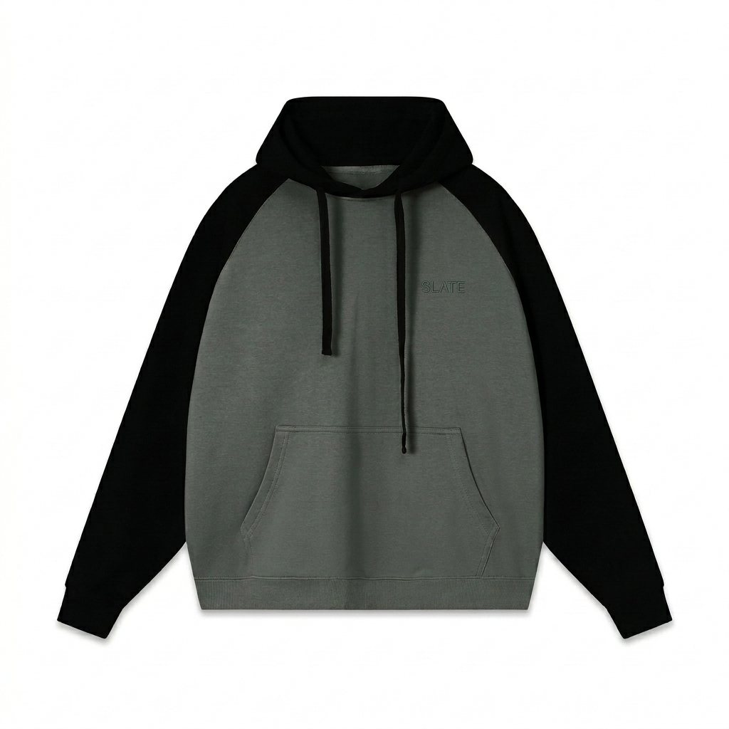 Custom Color-Block Raglan Sleeve Hoodie design direction 1: Tonal Identity featuring the SLATE wordmark