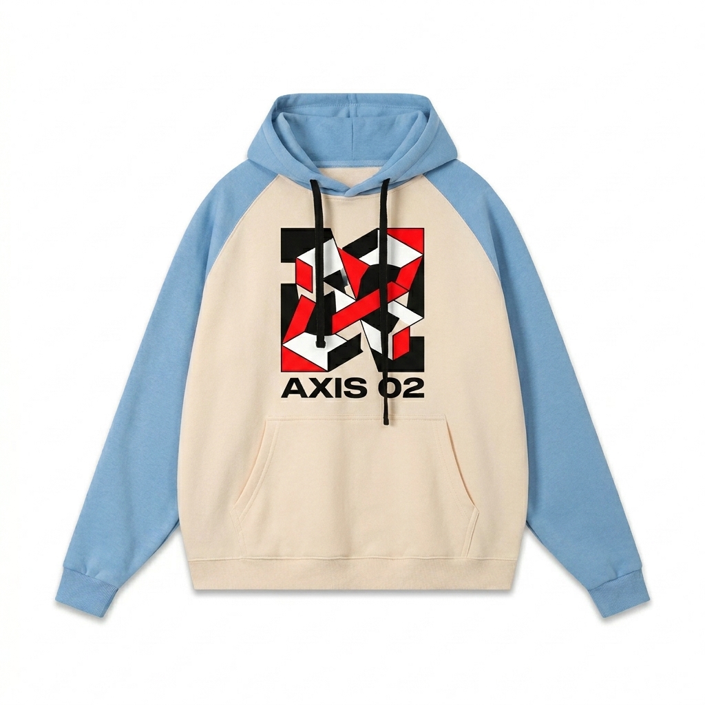 Custom Color-Block Raglan Sleeve Hoodie design direction 2: Geometric Abstract featuring the AXIS 02 wordmark