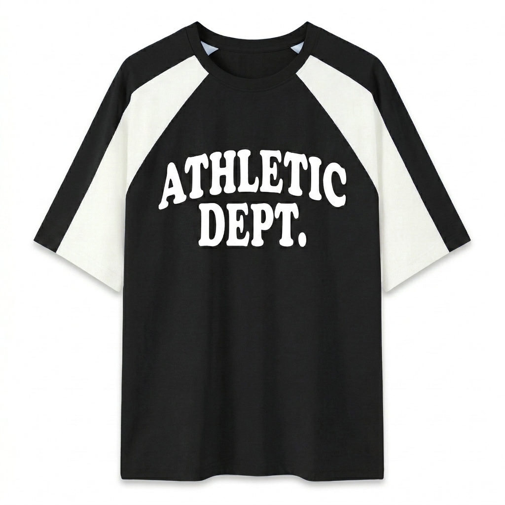 Custom Color Block Raglan T-Shirt design direction 1: Retro Collegiate Wordmark featuring the ATHLETIC DEPT. wordmark