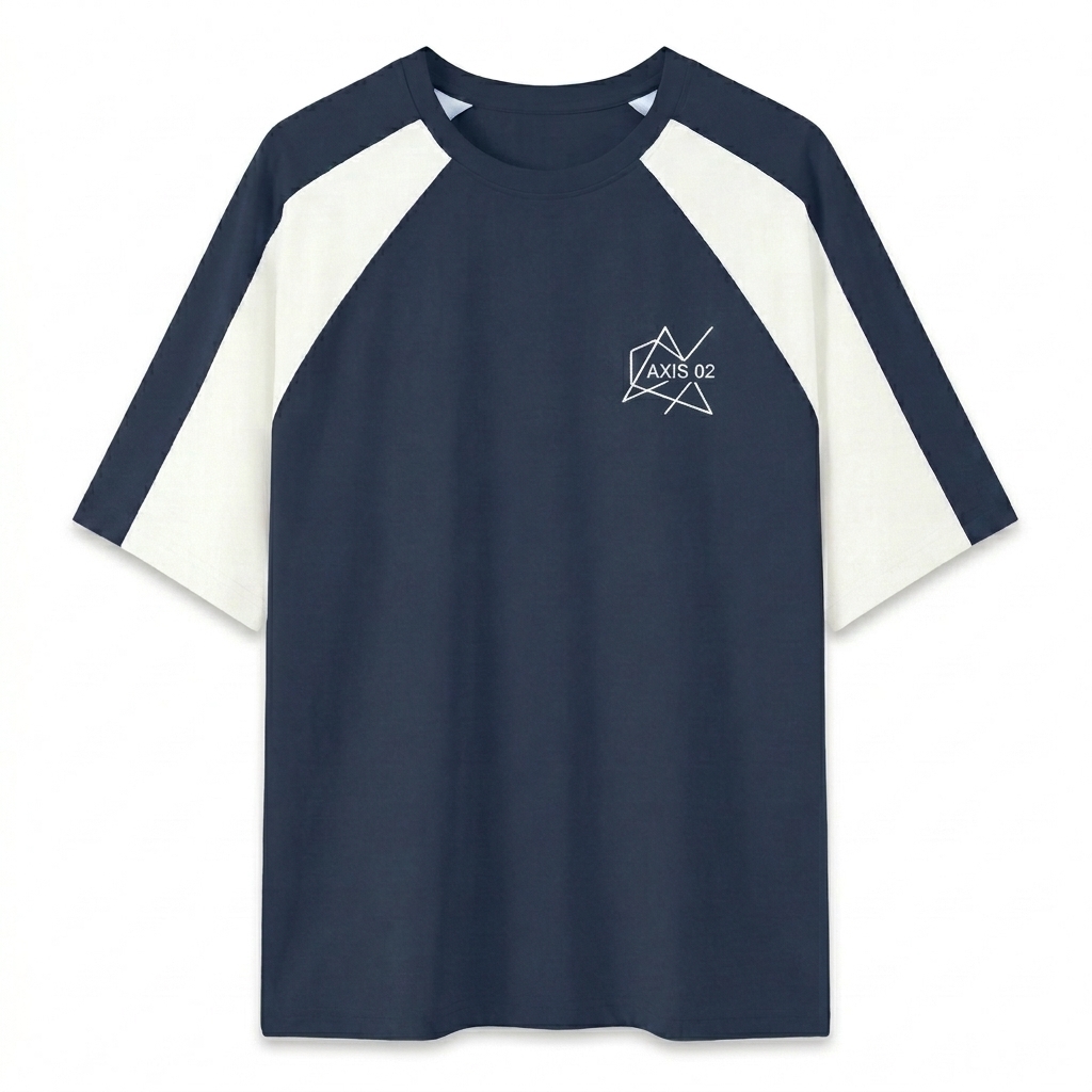 Custom Color Block Raglan T-Shirt design direction 2: Minimal Abstract Graphic featuring the AXIS 02 wordmark