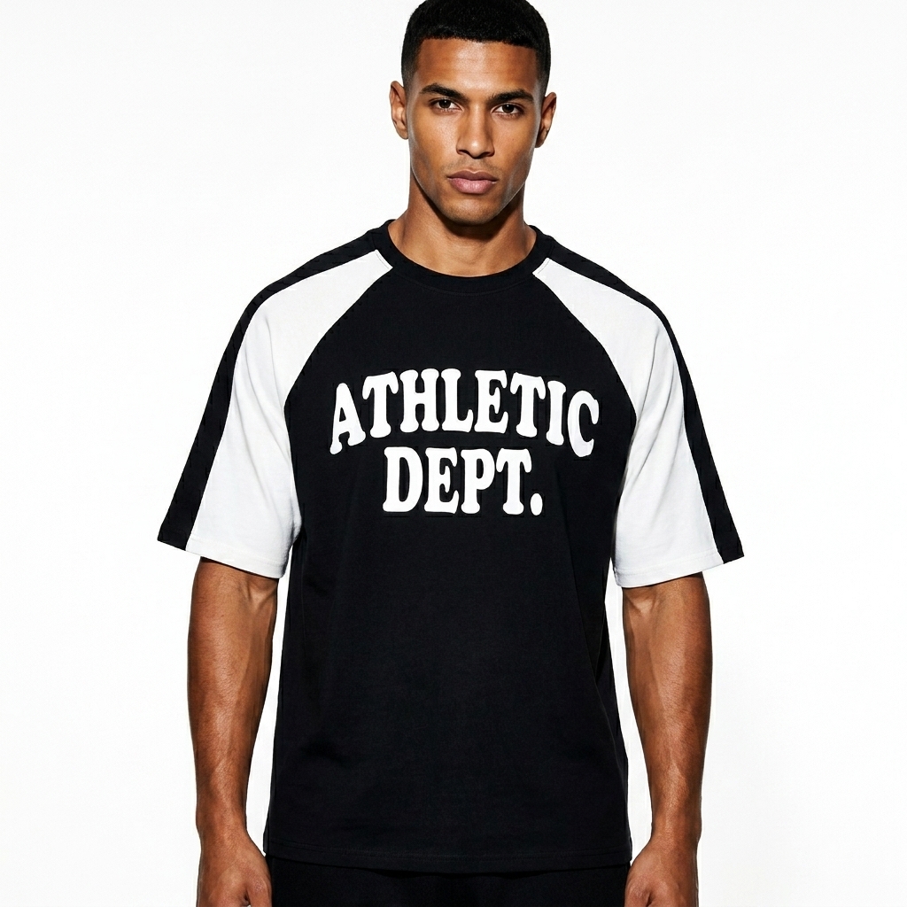 Color Block Raglan T-Shirt worn by a toned North African male fashion influencer, gorpcore outdoor styling, studio lookbook — custom color block raglan t-shirt