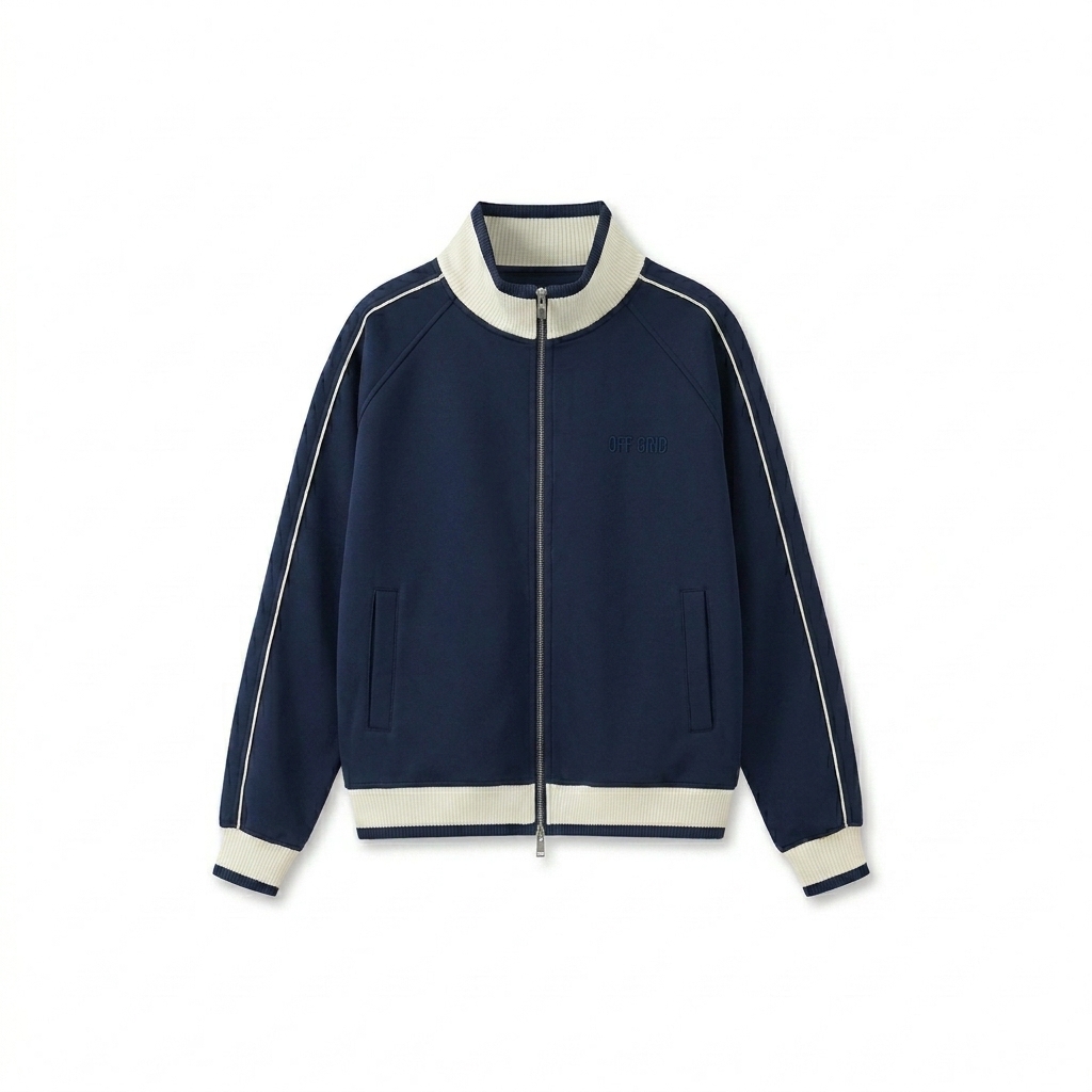 Custom Color Block Raglan Track Jacket design direction 1: Tonal Utility Wordmark featuring the OFF GRID wordmark