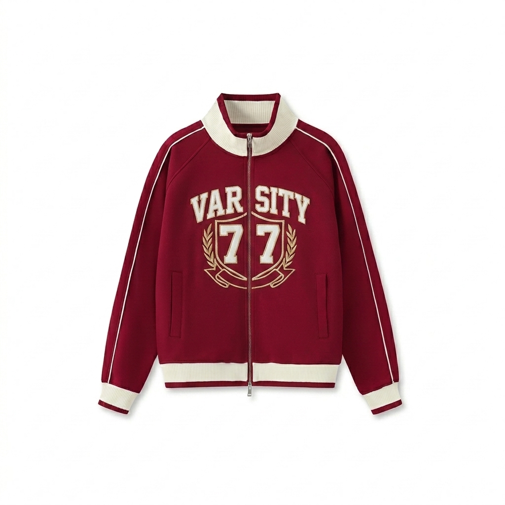 Custom Color Block Raglan Track Jacket design direction 3: Retro Collegiate Emblem featuring the VARSITY 77 wordmark