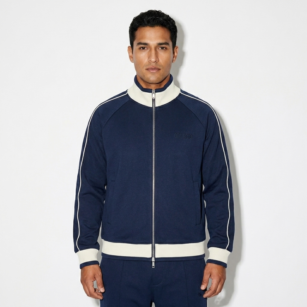 Color Block Raglan Track Jacket worn by a mid-size Latino male fashion influencer, preppy ivy styling, studio lookbook — custom color block raglan track jacket