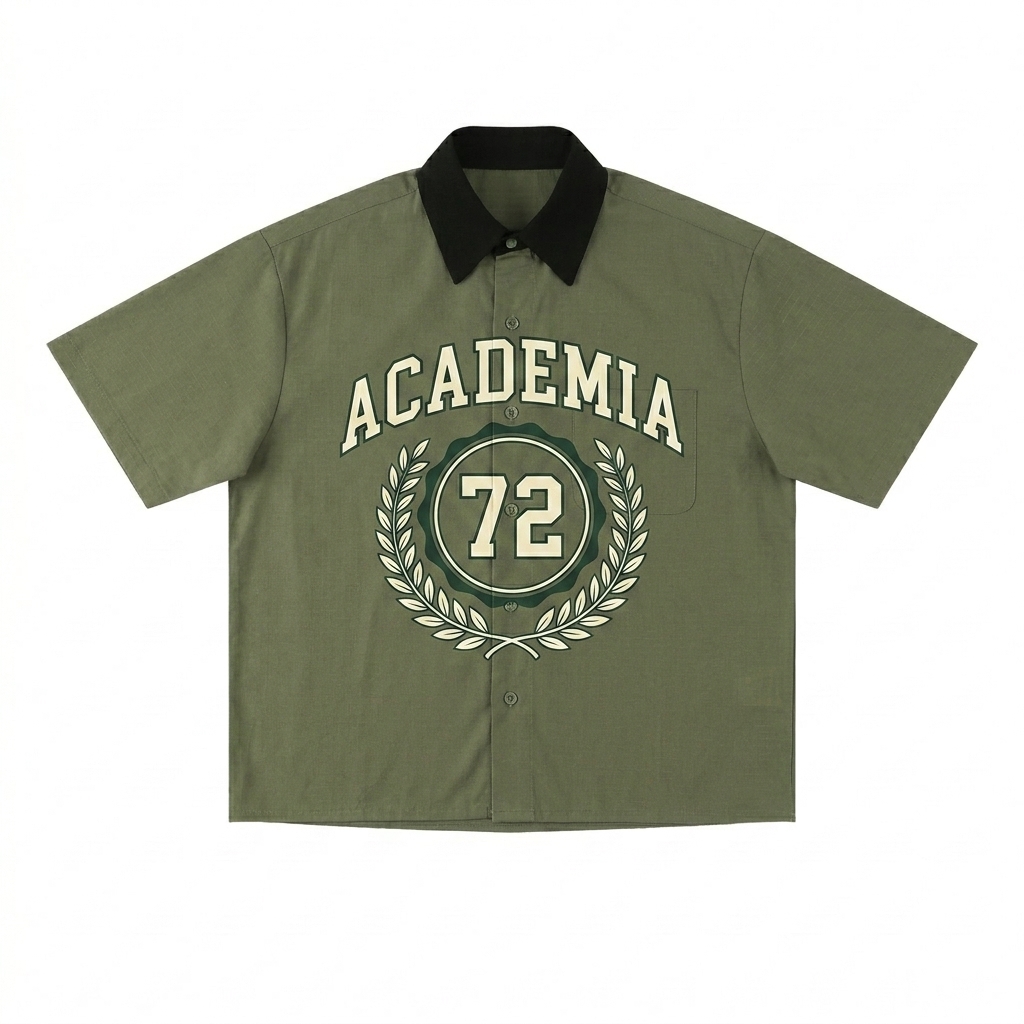 Custom Color Block Short Sleeve Shirt design direction 2: Retro Collegiate Emblem featuring the ACADEMIA 72 wordmark