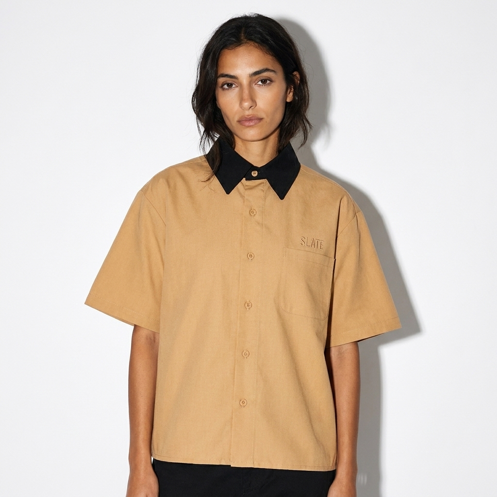 Color Block Short Sleeve Shirt worn by a lean Mediterranean female fashion influencer, gorpcore outdoor styling, studio lookbook — custom color block short sleeve shirt