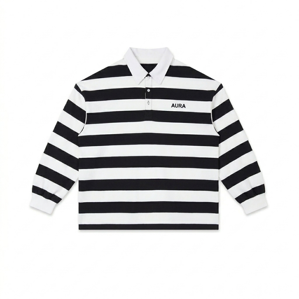 Custom Color Block Stripe Polo Shirt design direction 1: Tonal Minimalist Wordmark featuring the AURA wordmark