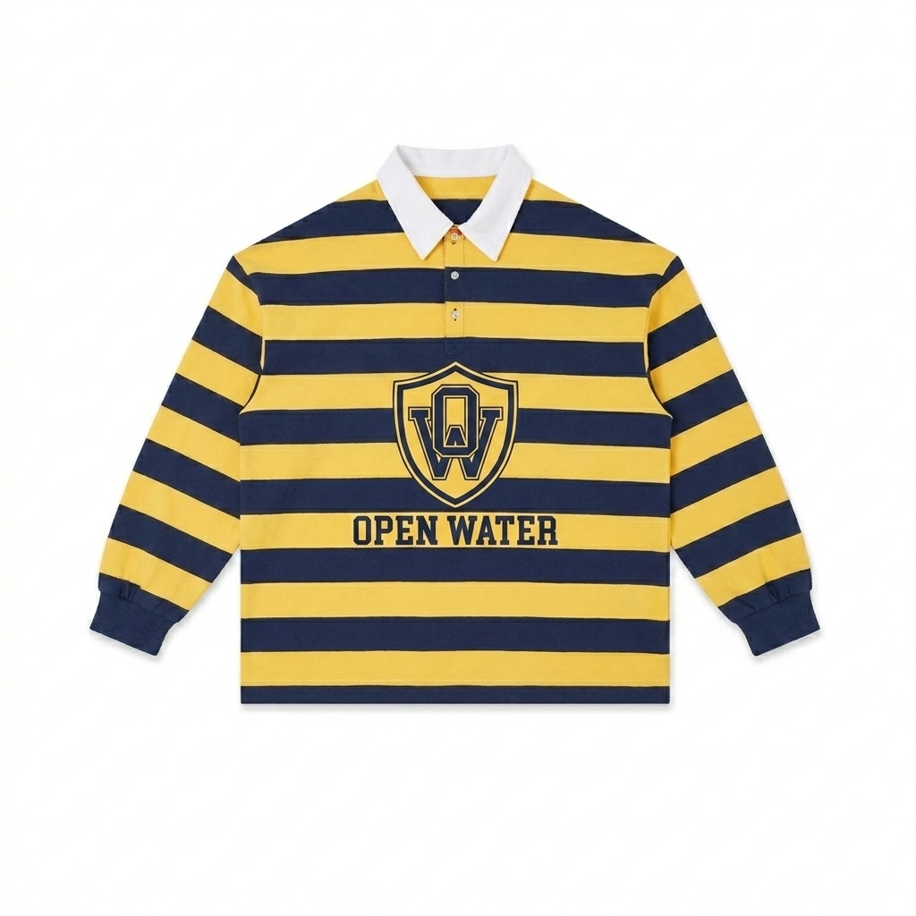 Custom Color Block Stripe Polo Shirt design direction 2: Retro Collegiate Emblem featuring the OPEN WATER wordmark