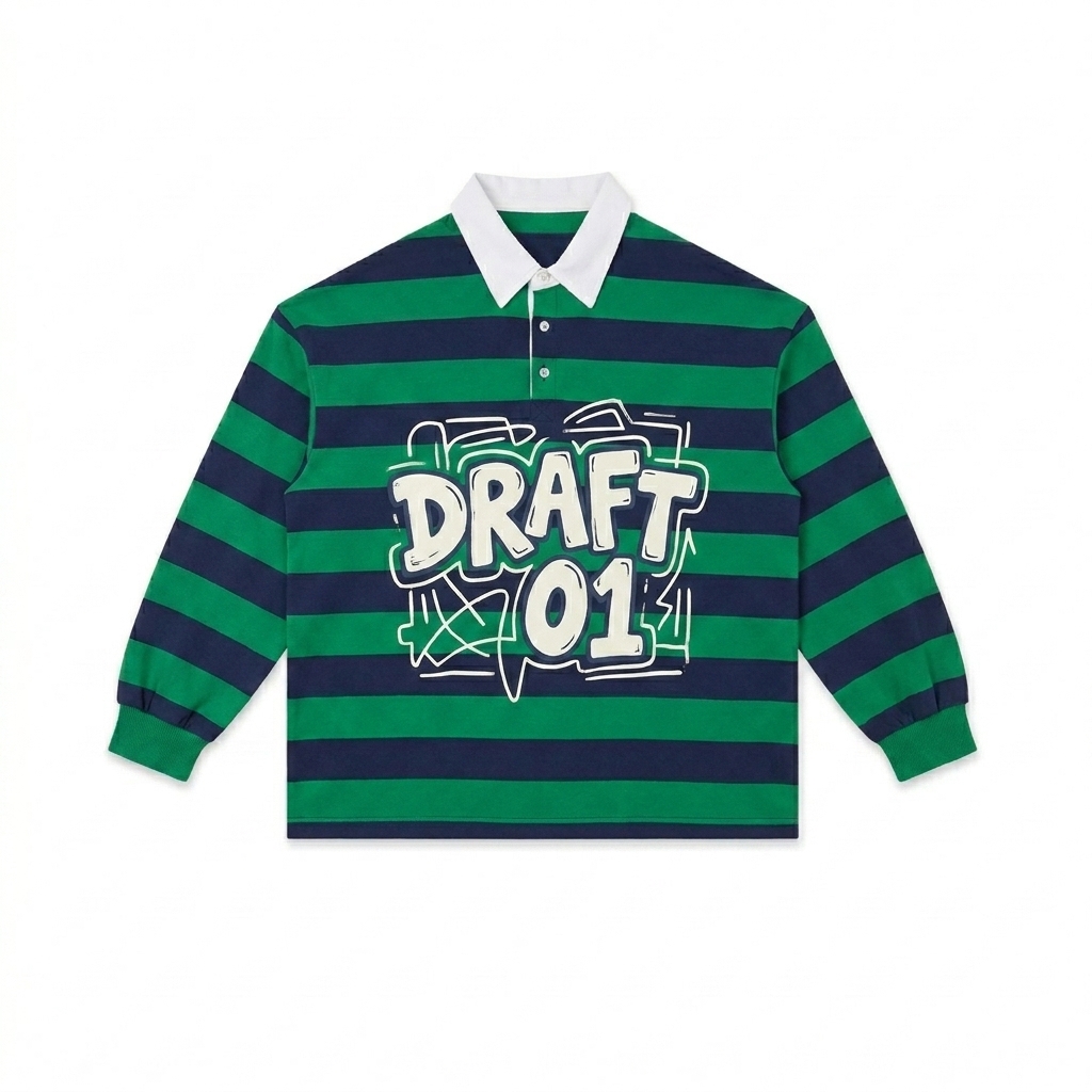 Custom Color Block Stripe Polo Shirt design direction 3: Skateboard Graphic featuring the DRAFT 01 wordmark