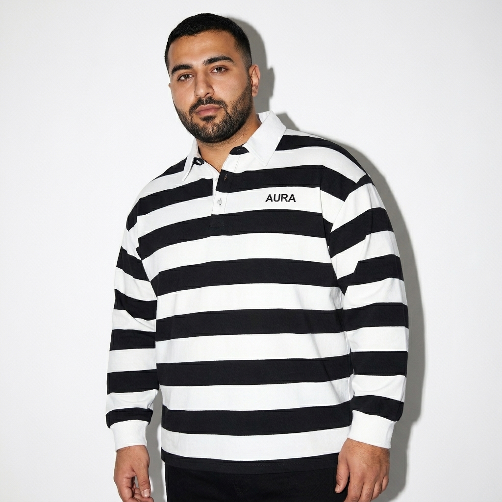 Color Block Stripe Polo Shirt worn by a curvy Persian male fashion influencer, preppy ivy styling, studio lookbook — custom color block stripe polo shirt