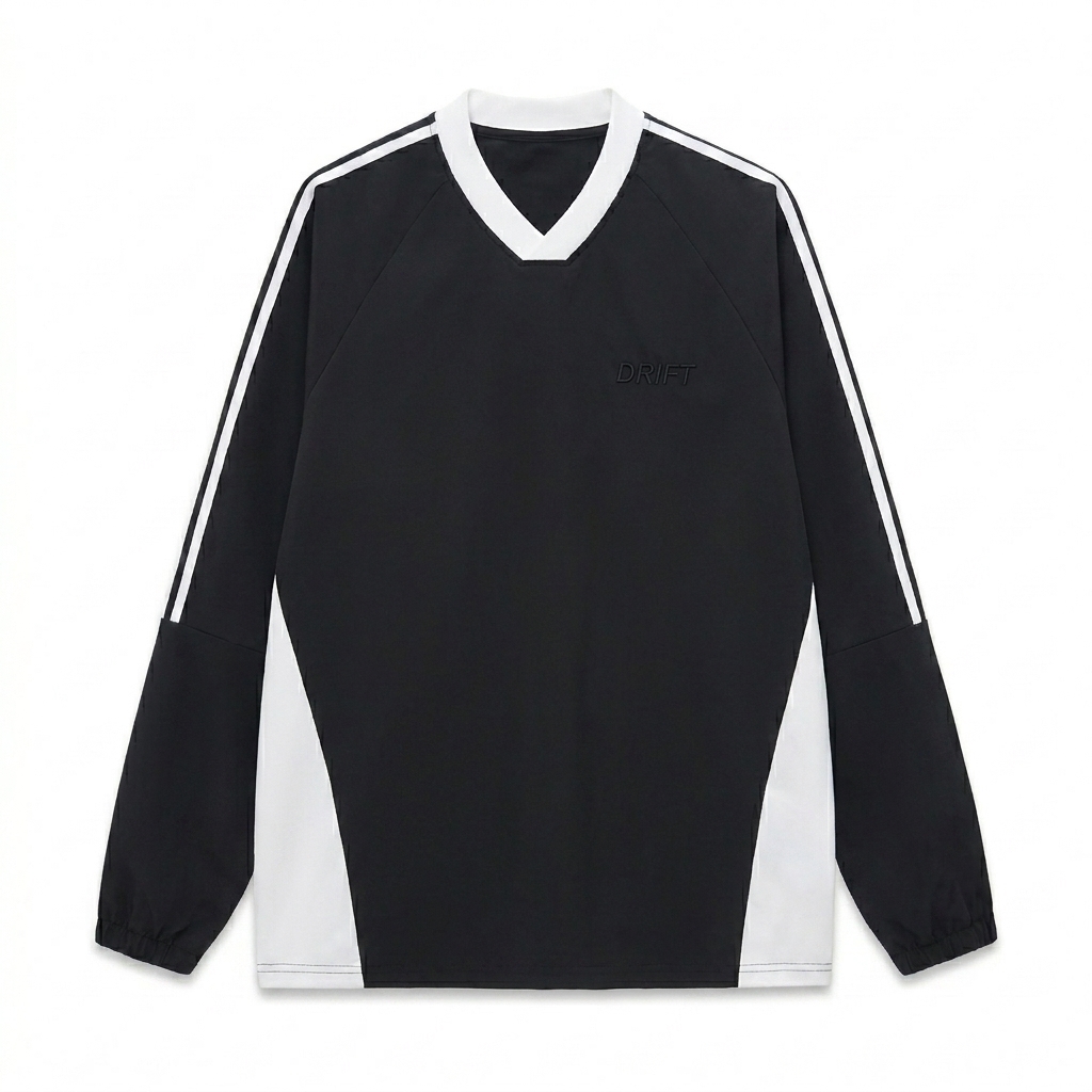 Custom Color-Block V-Neck Long-Sleeve T-Shirt design direction 1: Subtle Performance Wordmark featuring the DRIFT wordmark